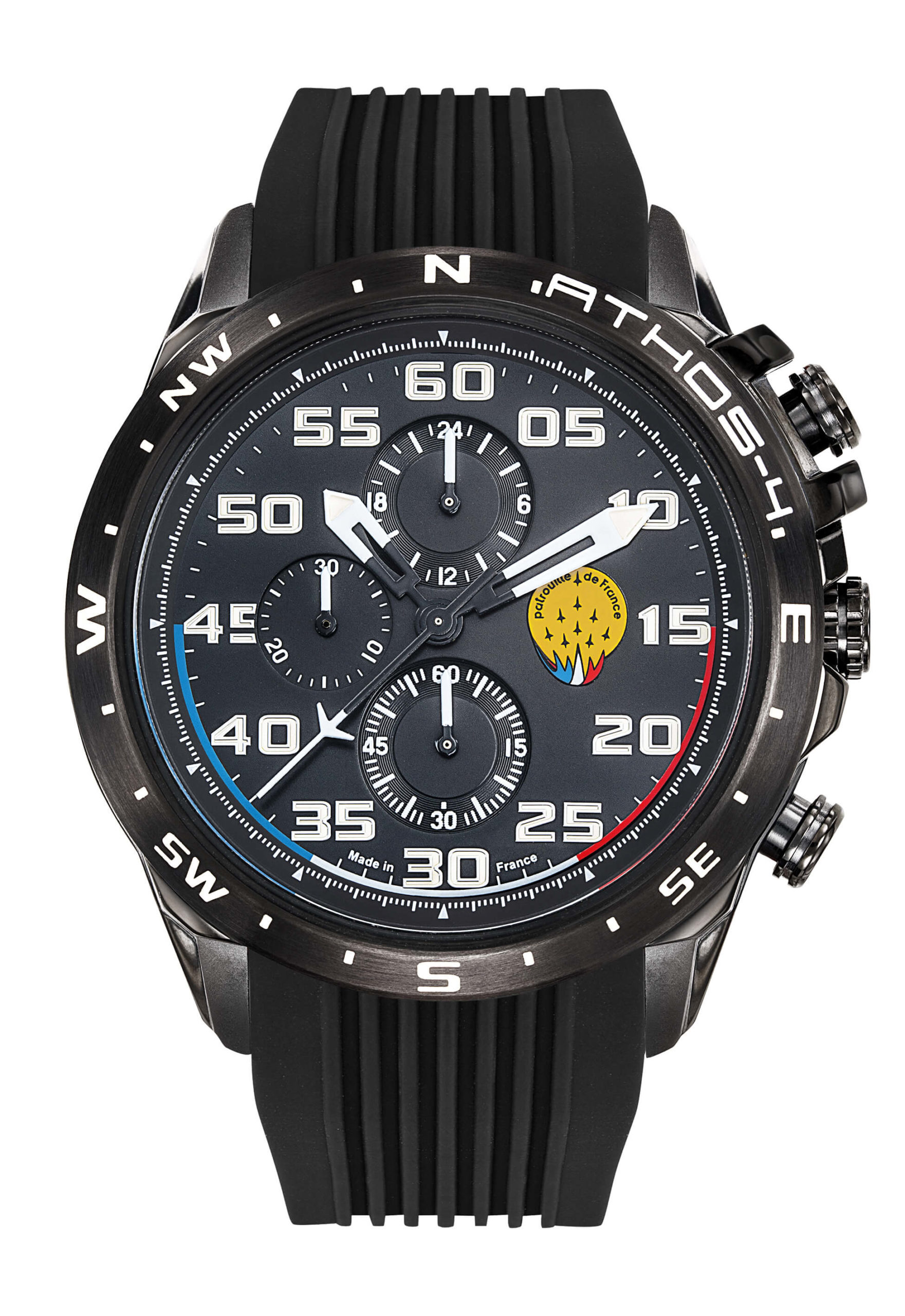 Face Montre Aviateur Patrouille de France Chronographe Cadran Noir Silicone Noir Athos4 A4-100C-668085