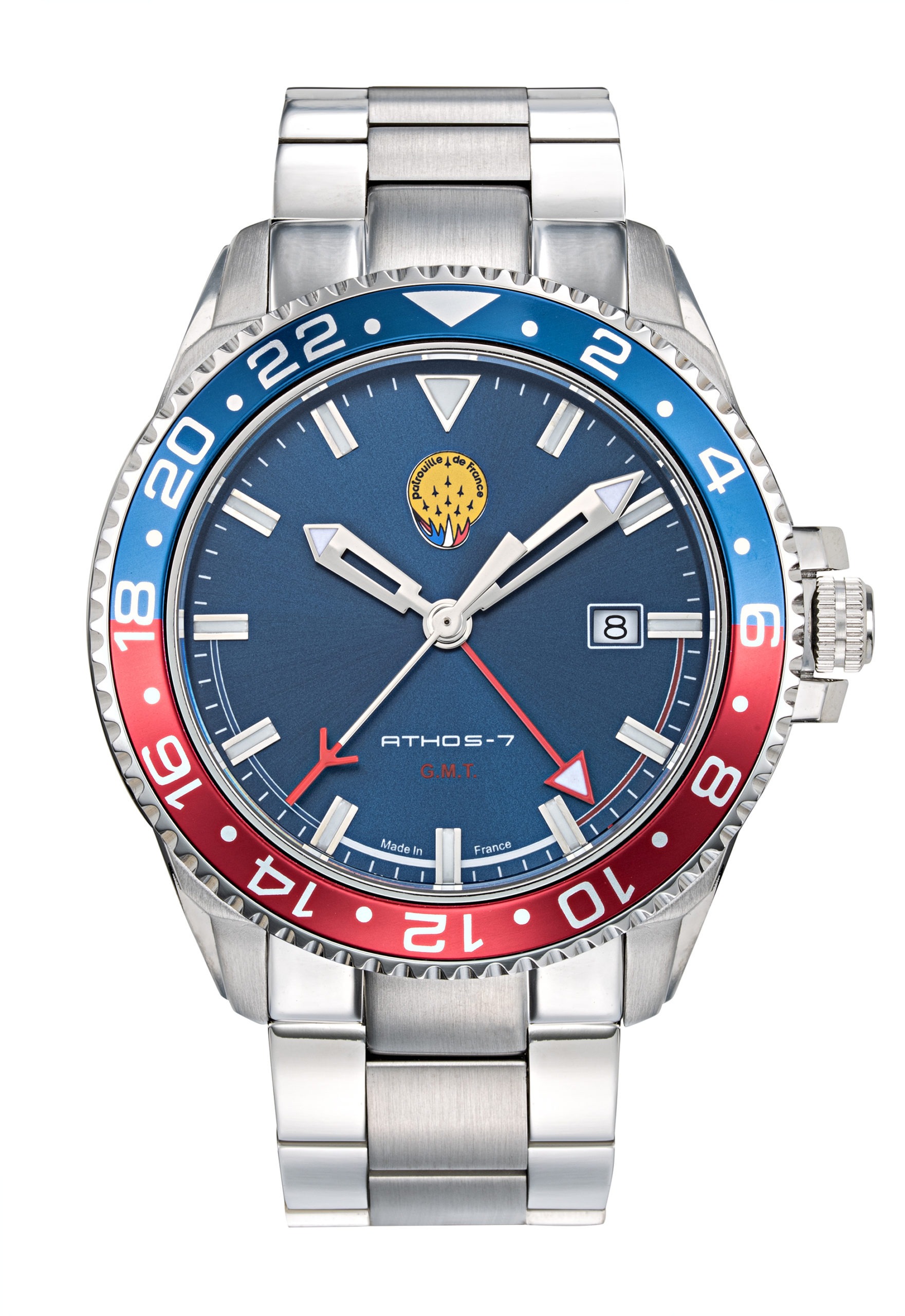 Face Montre Aviateur GMT Patrouille de France Acier Cadran Bleu Athos7 A7-100EG-668079