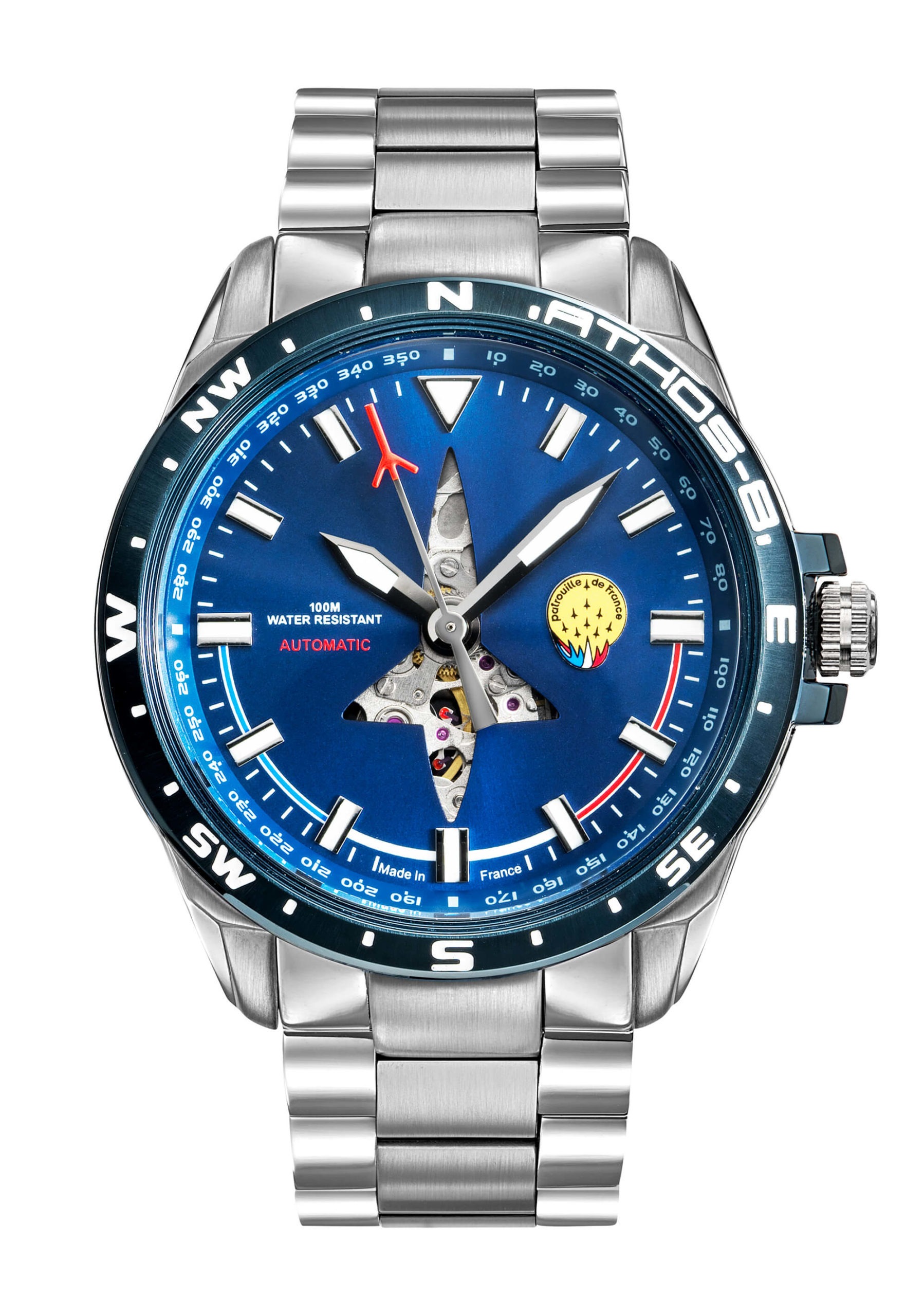 Face Montre Aviateur Patrouille de France Acier Automatique Cadran Bleu Athos8 A8-100ED-668093