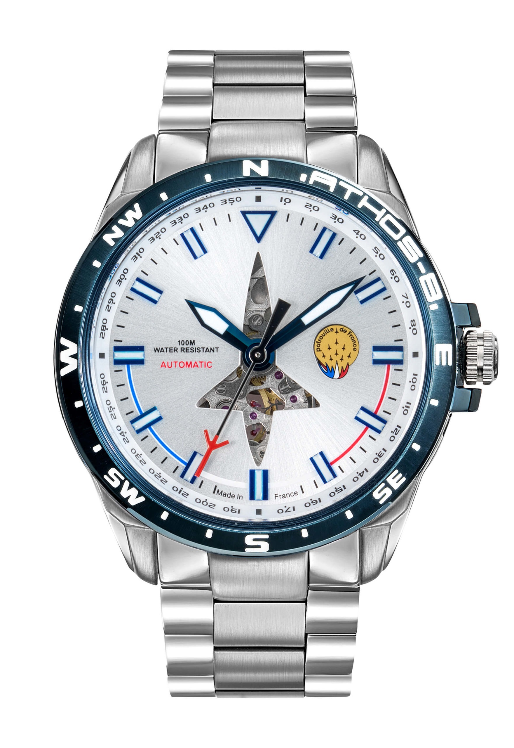 Face Montre Aviateur Patrouille de France Acier Automatique Cadran Argenté Athos8 A8-100ED-668094