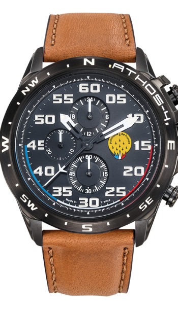 Face Montre Aviateur Patrouille de France Chronographe Cadran Noir Cuir Marron Athos4 A4-100C-668084