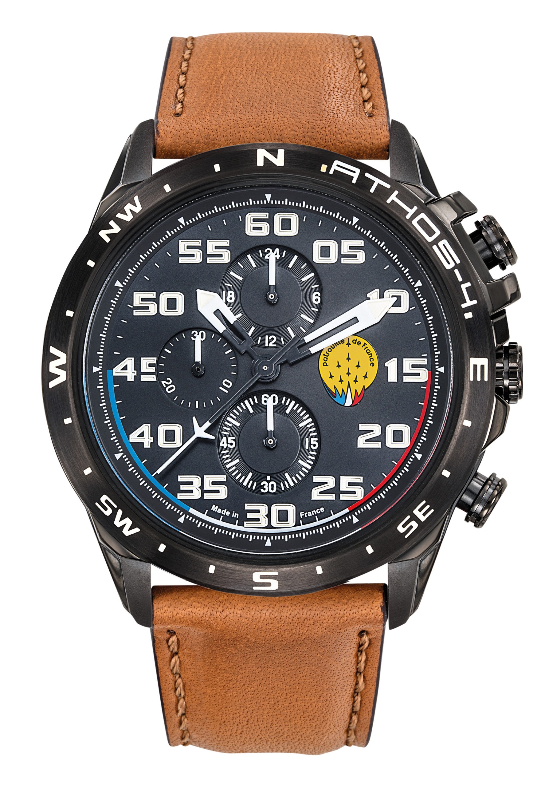 Face Montre Aviateur Patrouille de France Chronographe Cadran Noir Cuir Marron Athos4 A4-100C-668084