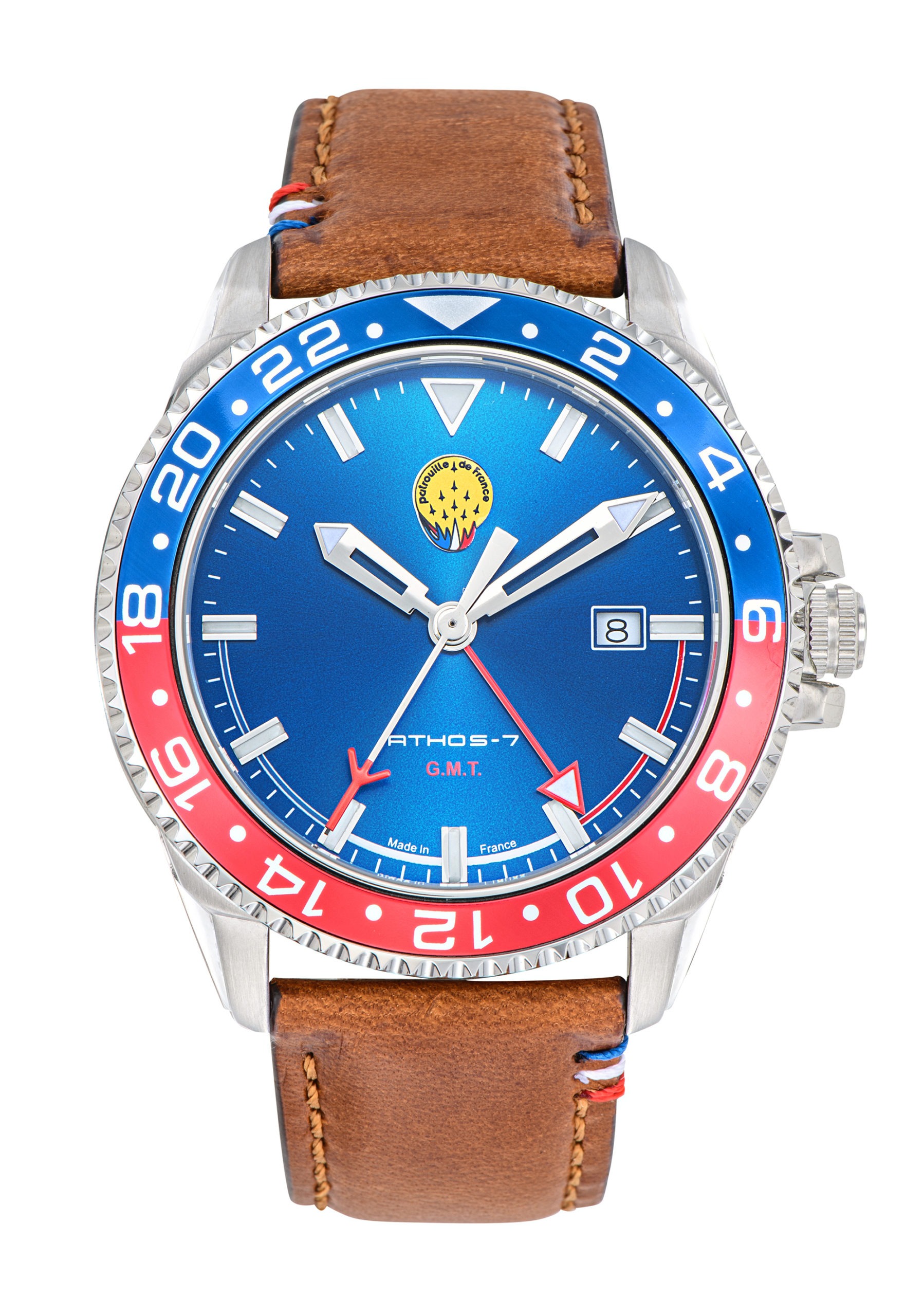 Face Montre Aviateur Patrouille de France GMT Cadran Bleu Cuir Marron Athos7 A7-100EG-668078