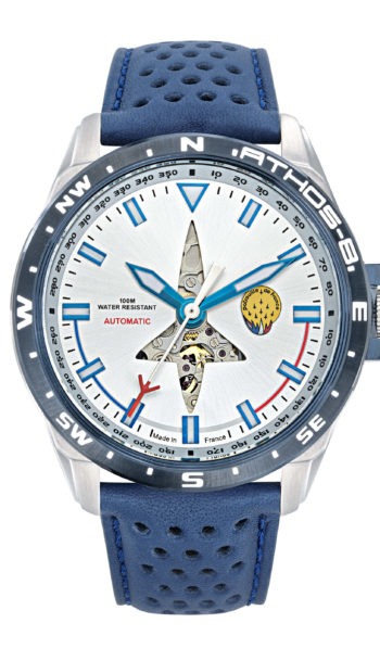 Face Montre Aviateur Patrouille de France Automatique Cadran Argenté Cuir Bleu Athos8 A8-100ED-668095