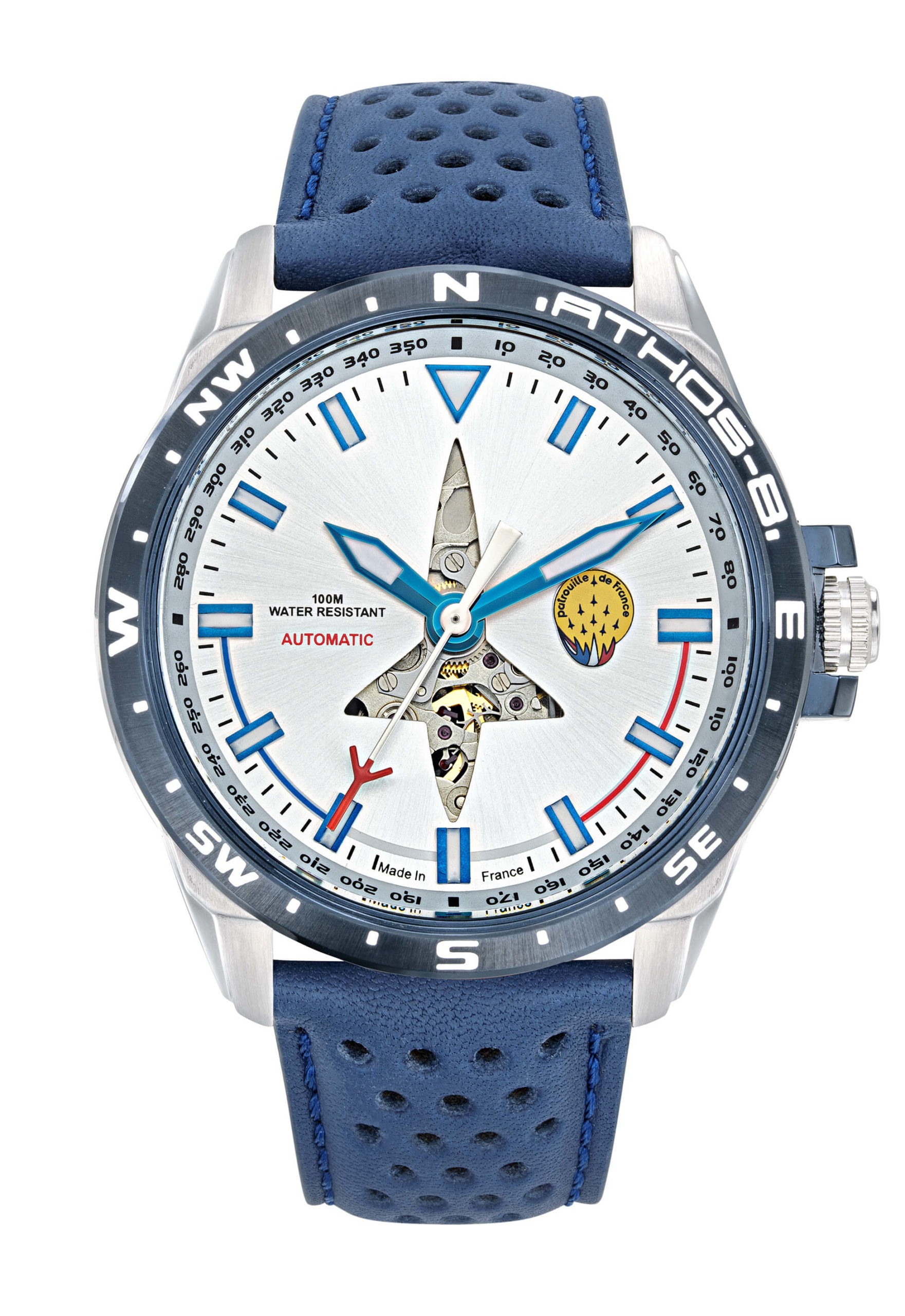 Face Montre Aviateur Patrouille de France Automatique Cadran Argenté Cuir Bleu Athos8 A8-100ED-668095