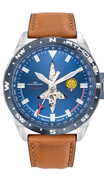 Face Montre Aviateur Patrouille de France Automatique Cadran Bleu Cuir Marron Clair Athos8 A8-100ED-668096