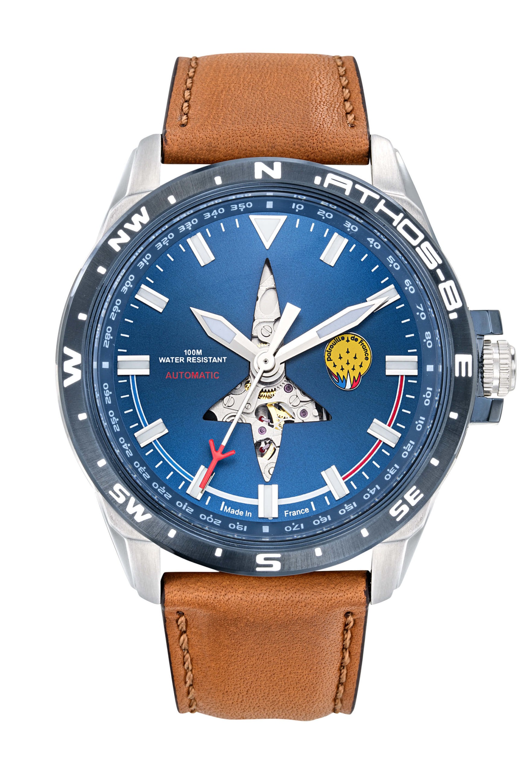 Face Montre Aviateur Patrouille de France Automatique Cadran Bleu Cuir Marron Clair Athos8 A8-100ED-668096