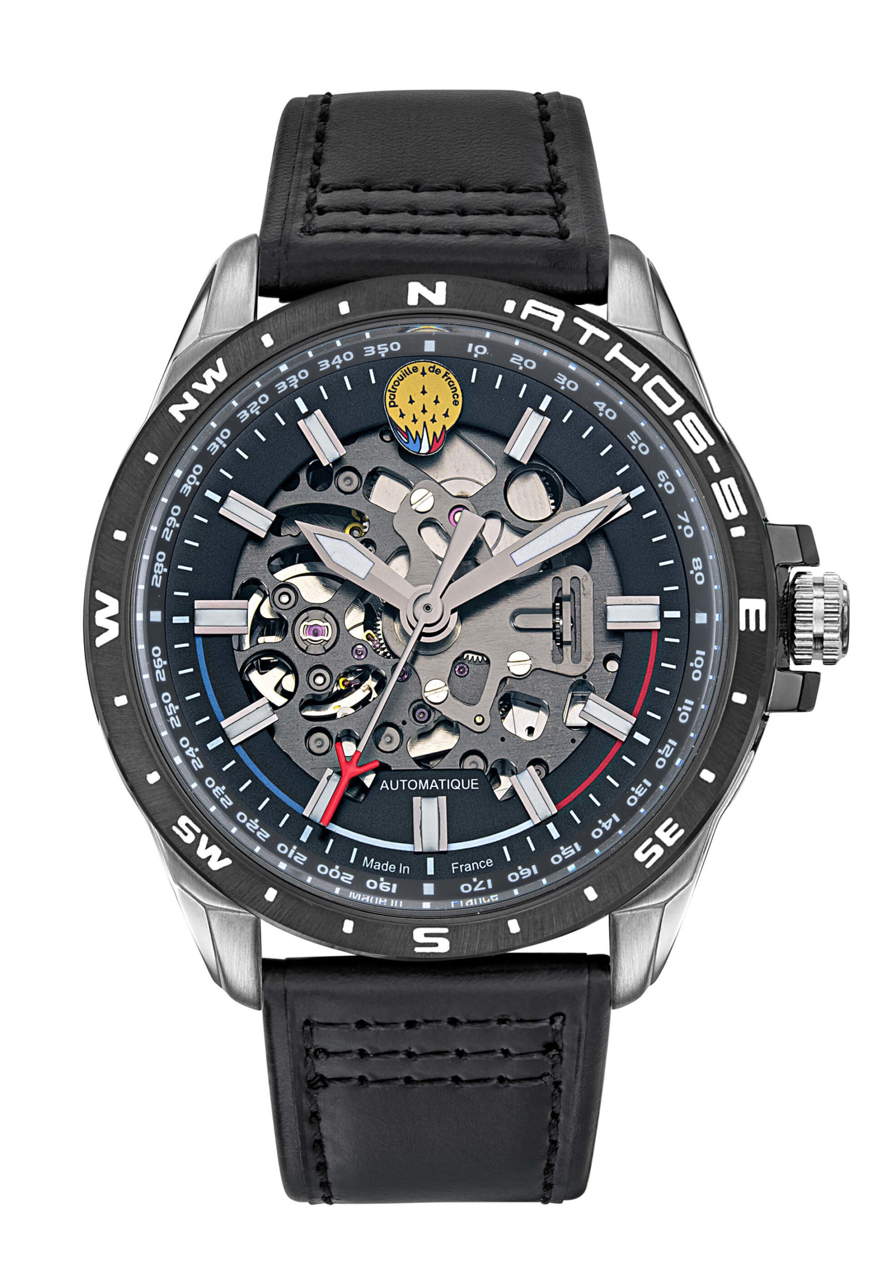 Face Montre Aviateur Patrouille de France Automatique Cadran et Cuir Noir Athos5 A5-100PR-668116