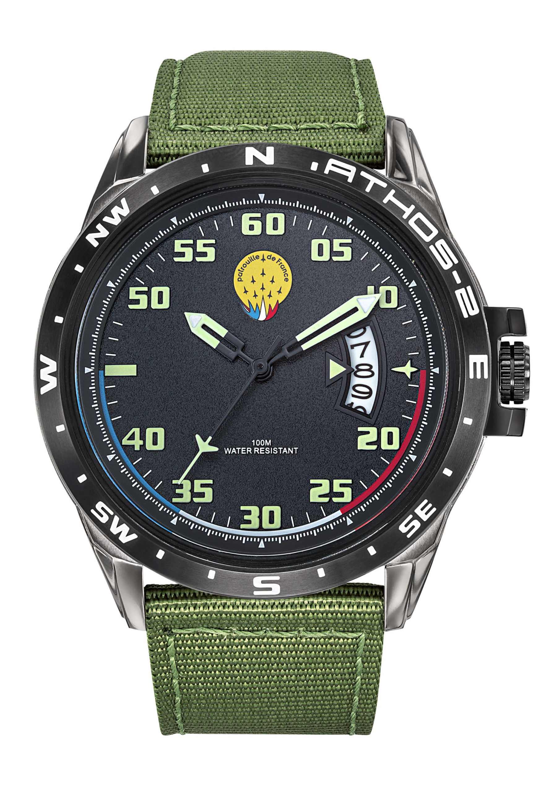 Face Montre Aviateur Patrouille de France Cadran Noir Bracelet Tissé Kaki Athos2 A2-100ID-668106