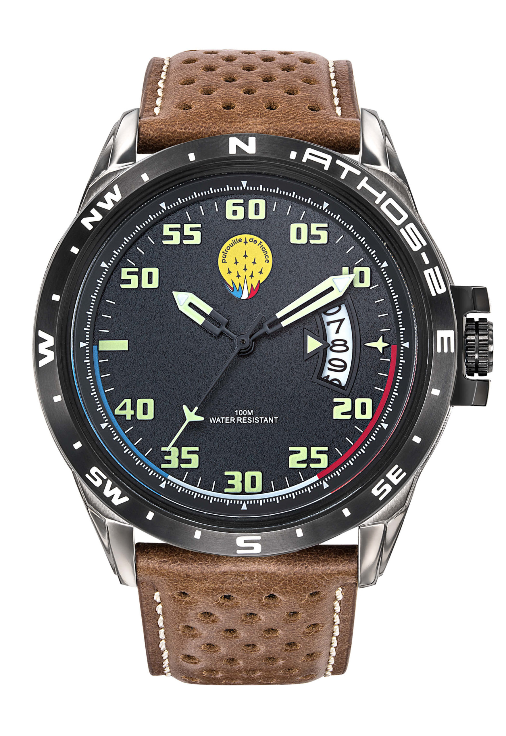 Face Montre Aviateur Patrouille de France Cadran Noir Cuir Marron Athos2 A2-100ID-668105