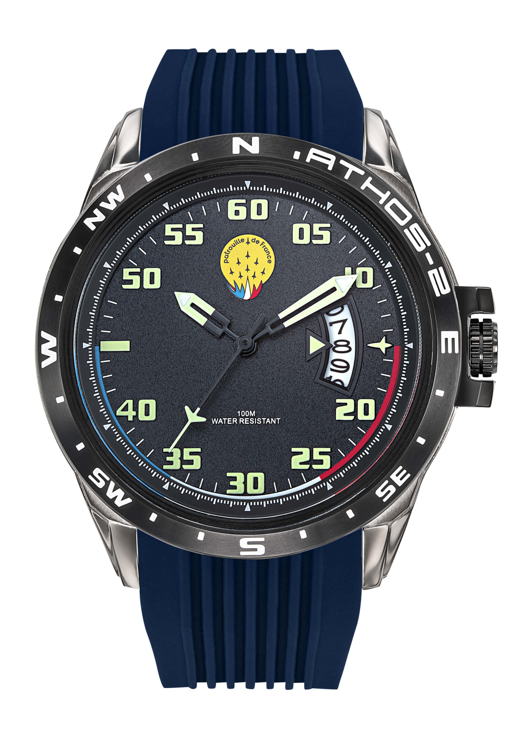 Face Montre Aviateur Patrouille de France Cadran Noir Silicone Bleu Athos2 A2-100ID-668107