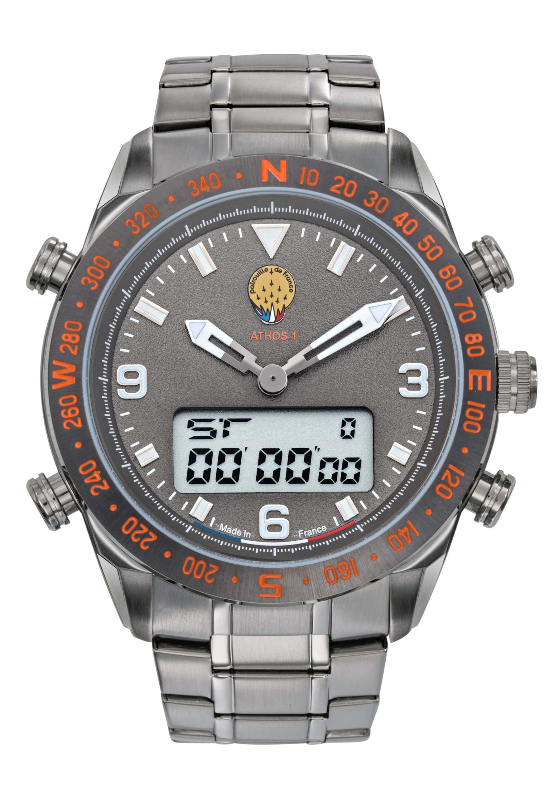 Face Montre Aviateur Patrouille de France Chrono Alarme Anadigit Acier Cadran Gris Athos1 A1-100L-668122