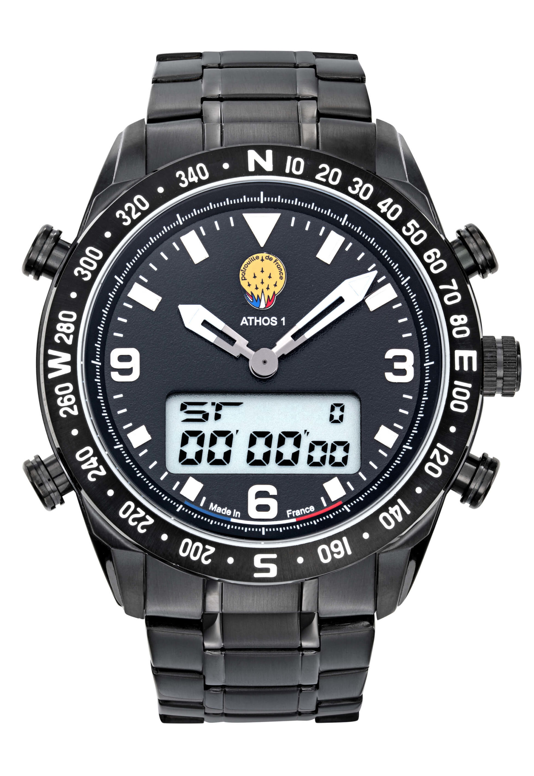 Face Montre Aviateur Patrouille de France Chrono Alarme Anadigit Acier Cadran Noir Athos1 A1-100L-668121