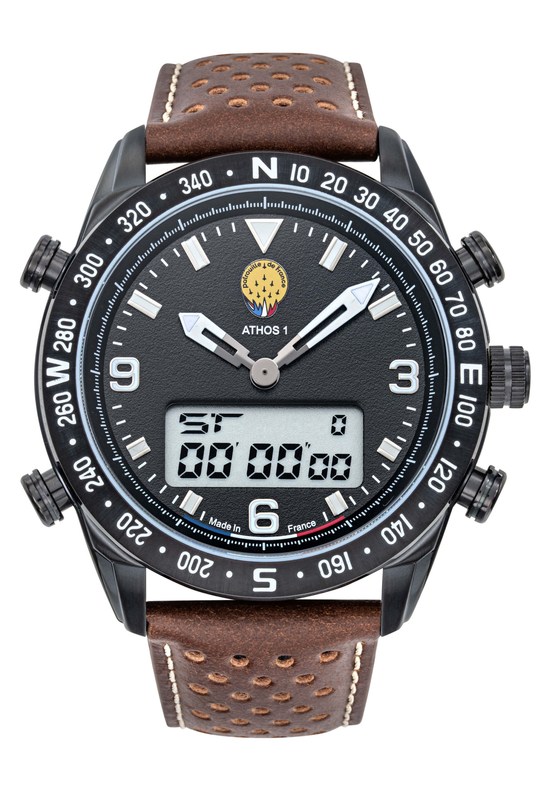 Face Montre Aviateur Patrouille de France Chrono Alarme Anadigit Cadran Noir Bracelet Marron Athos1 A1-100L-668120