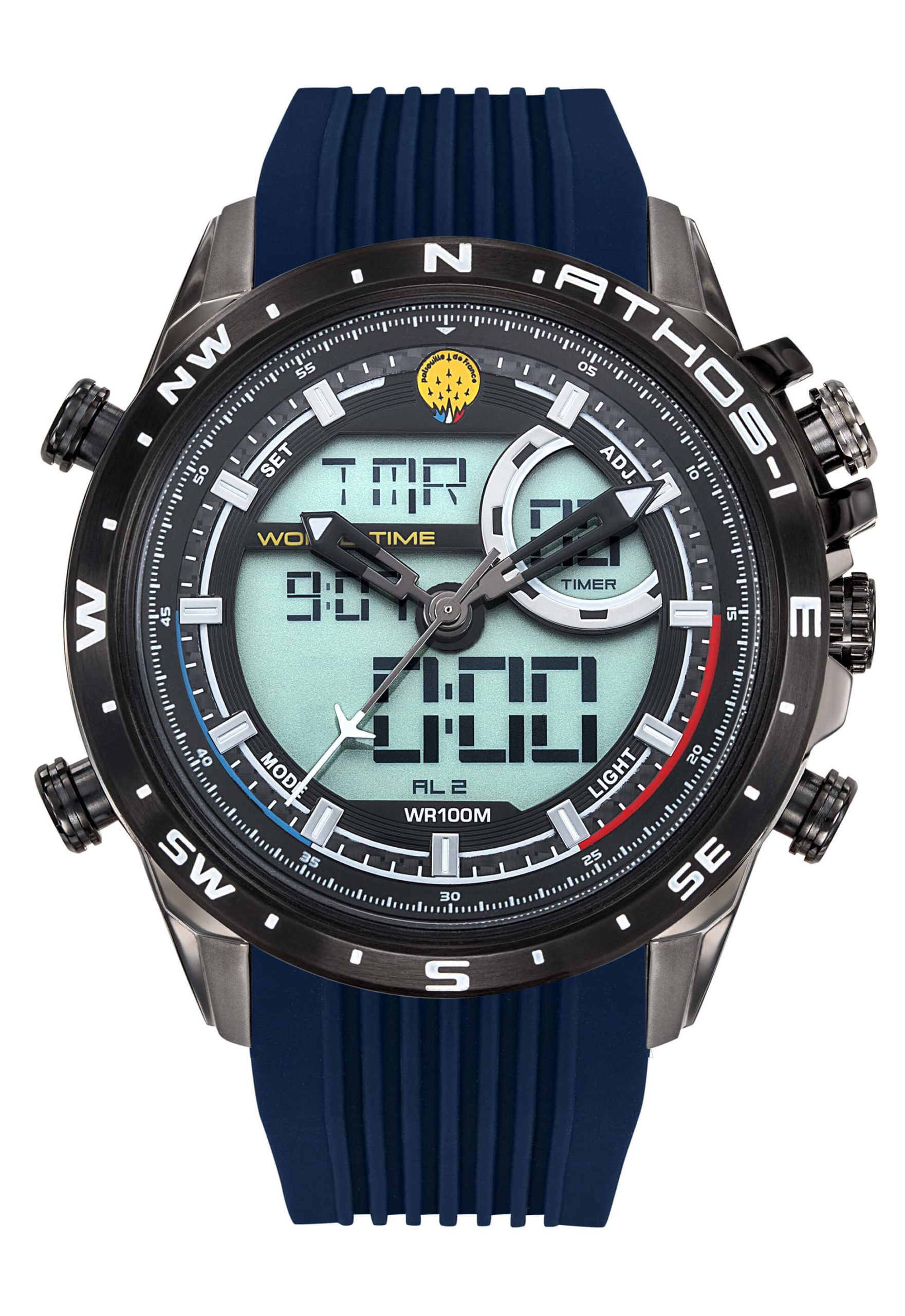 Face Montre Aviateur Patrouille de France Chrono Alarme Anadigit Cadran Noir Silicone Bleu Athos1 A1-100L-668041