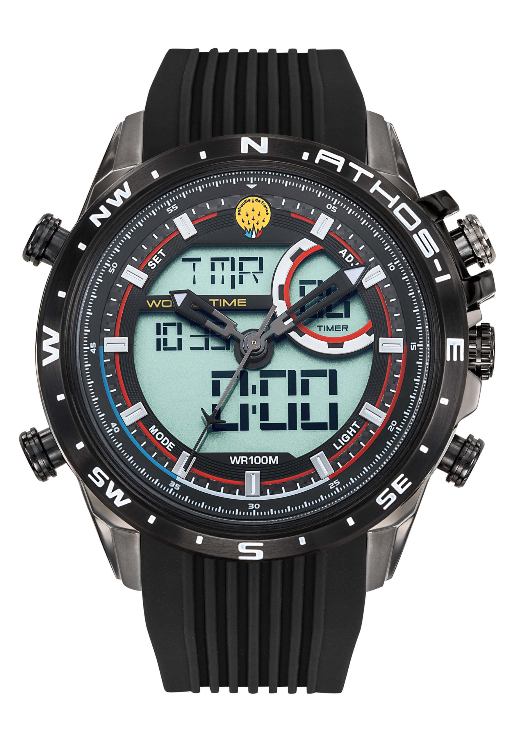 Face Montre Aviateur Patrouille de France Chrono Alarme Anadigit Cadran Noir Silicone Noir Athos1 A1-100L-668042