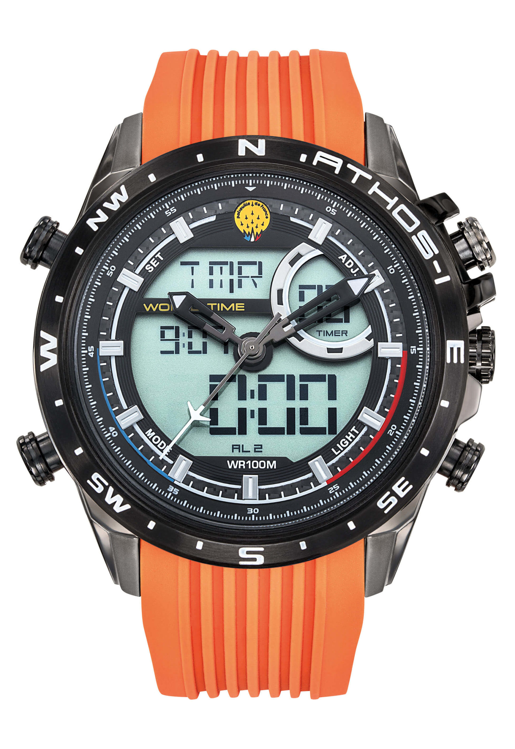 Face Montre Aviateur Patrouille de France Chrono Alarme Anadigit Cadran Noir Silicone Orange Athos1 A1-100L-668040