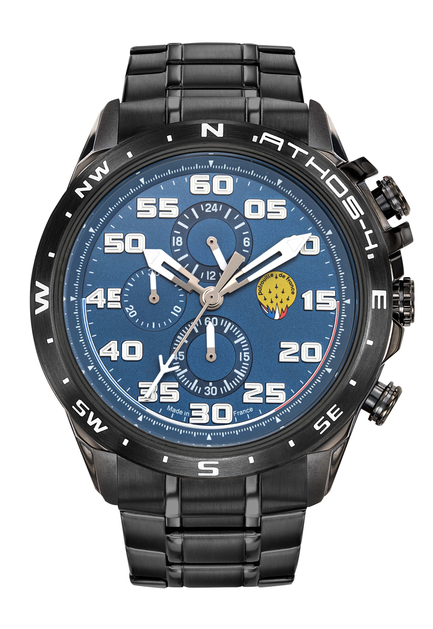 Face Montre Aviateur Patrouille de France Chronographe Acier Cadran Bleu Athos4 A4-100C-668091