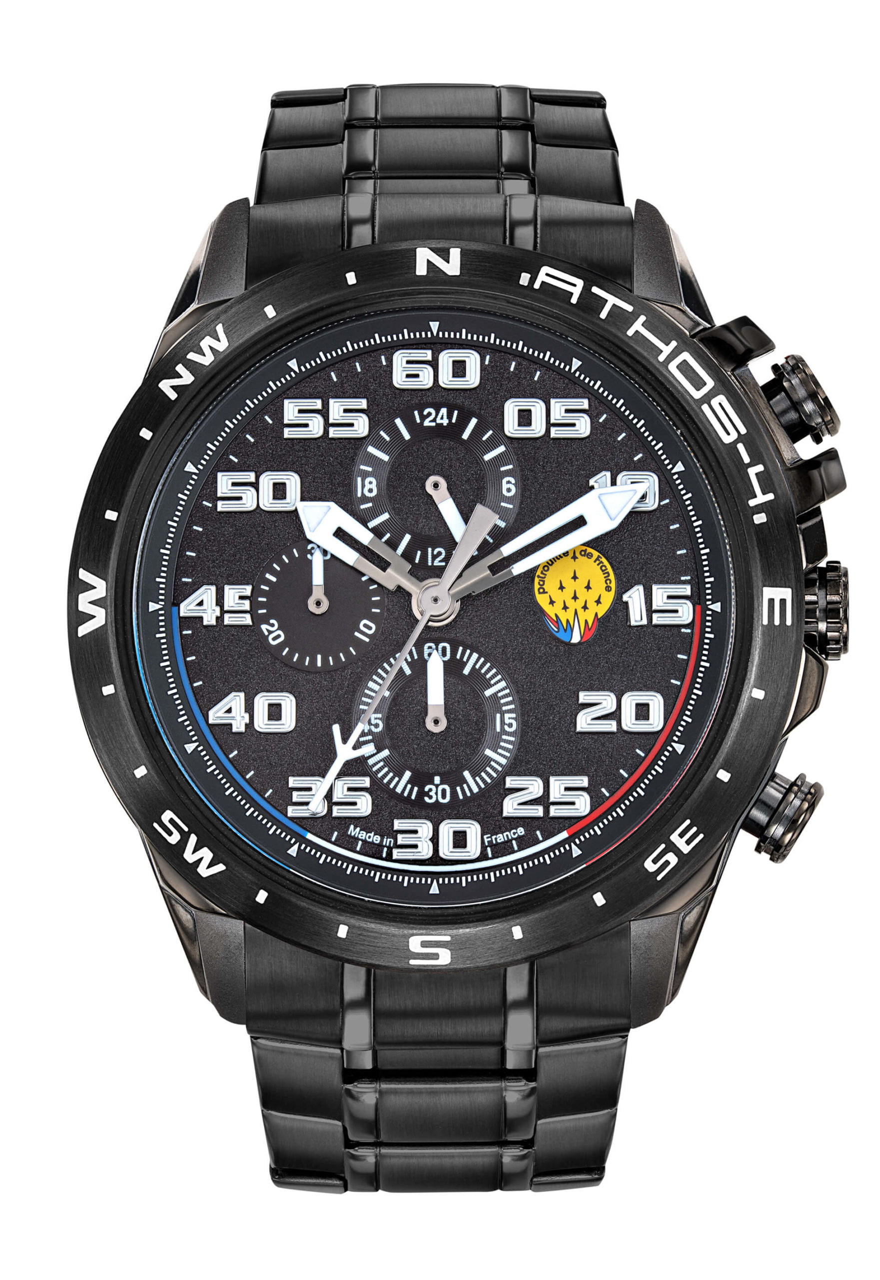 Face Montre Aviateur Patrouille de France Chronographe Acier Cadran Noir Athos4 A4-100C-668090