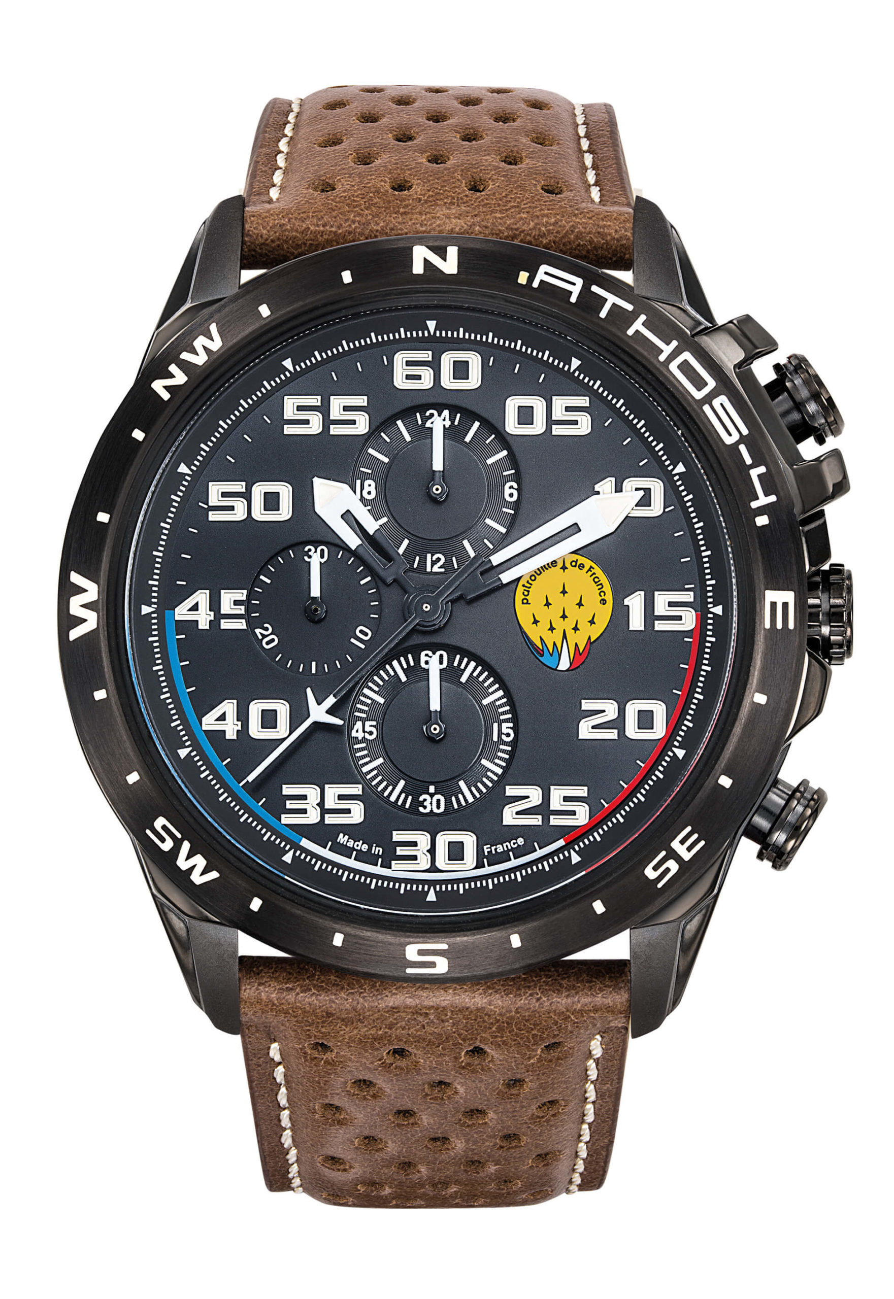 Face Montre Aviateur Patrouille de France Chronographe Cadran Noir Cuir Marron Athos4 A4-100C-668087