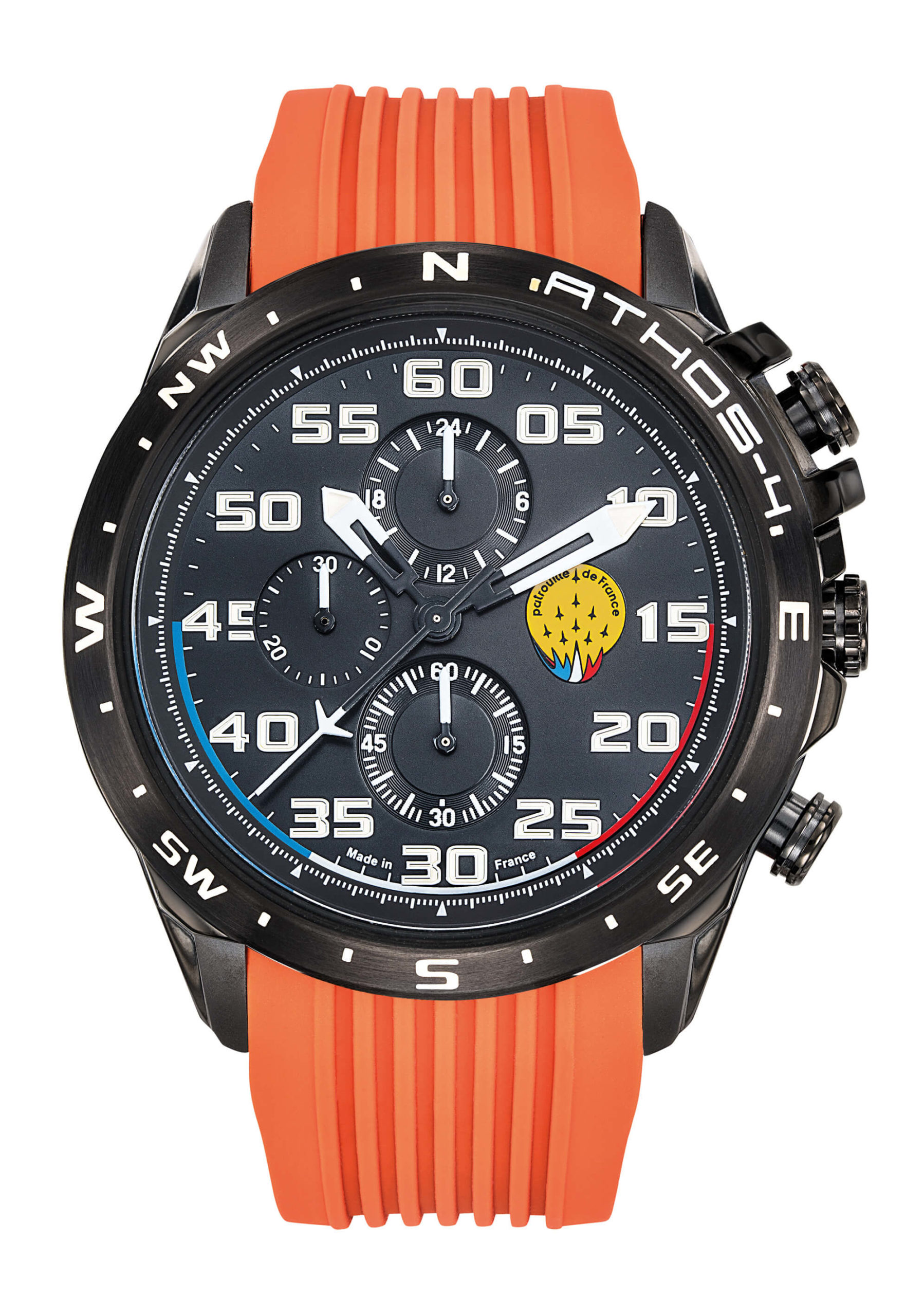 Face Montre Aviateur Patrouille de France Chronographe Cadran Noir Silicone Orange Athos4 A4-100C-668088