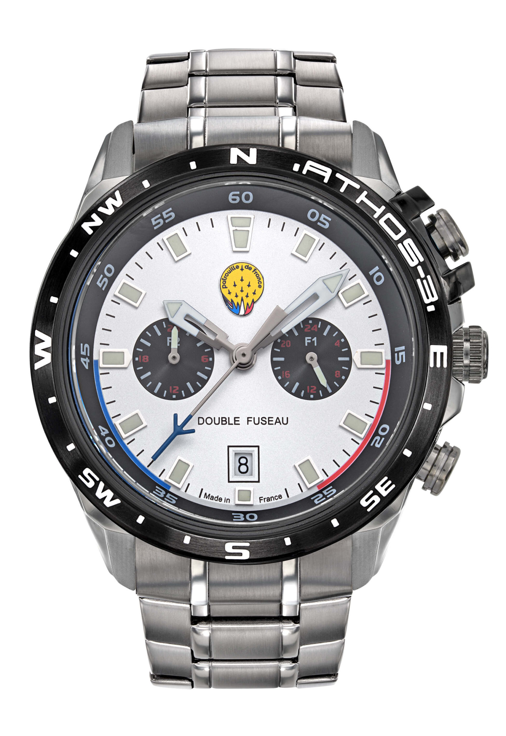 Face Montre Aviateur Patrouille de France Double Fuseau Acier Cadran Argenté Athos3 A3-100IG-668114