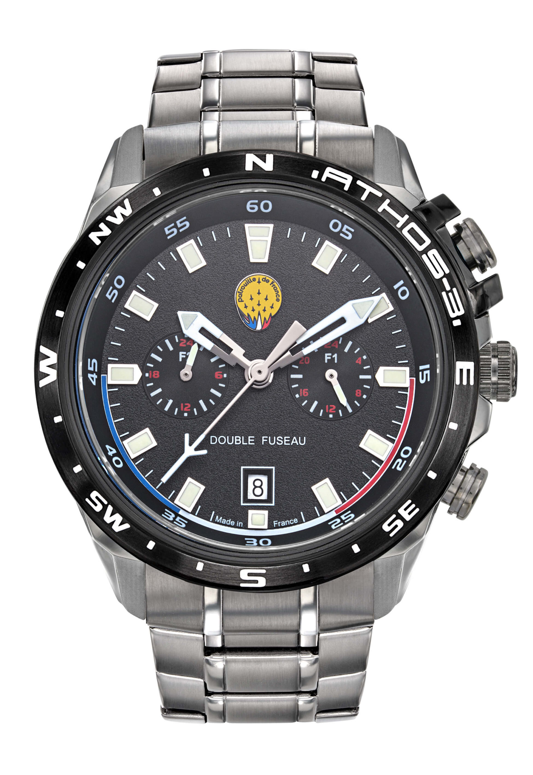 Face Montre Aviateur Patrouille de France Double Fuseau Acier Cadran Noir Athos3 A3-100IG-668115