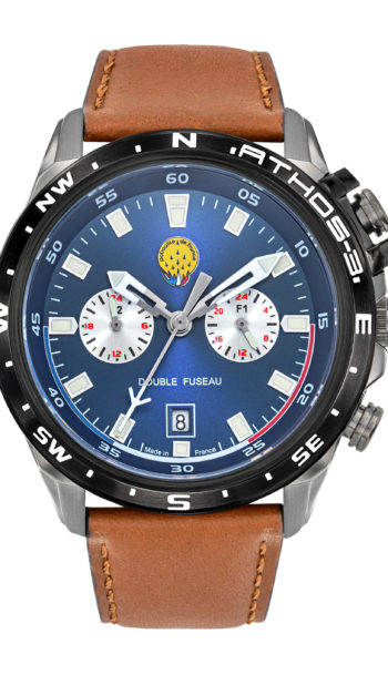 Face Montre Aviateur Patrouille de France Double Fuseau Cadran Bleu Cuir Marron Athos3 A3-100IG-668112