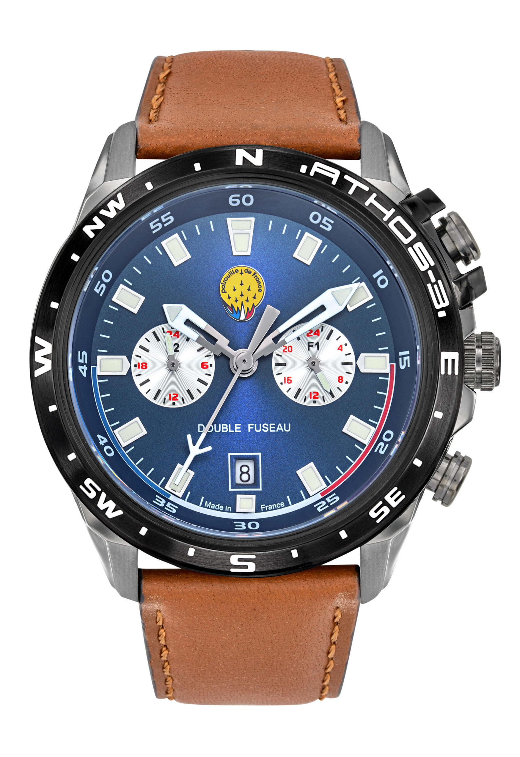 Face Montre Aviateur Patrouille de France Double Fuseau Cadran Bleu Cuir Marron Athos3 A3-100IG-668112