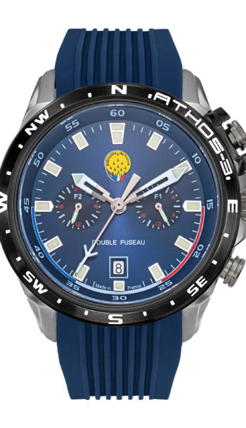 Face Montre Aviateur Patrouille de France Double Fuseau Cadran Bleu Silicone Bleu Athos3 A3-100IG-668113