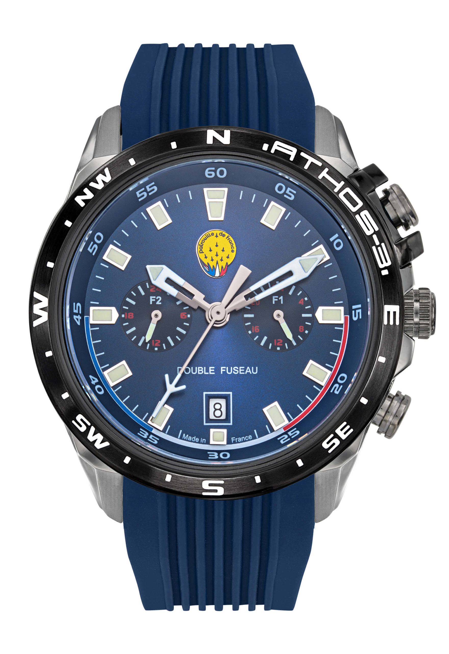 Face Montre Aviateur Patrouille de France Double Fuseau Cadran Bleu Silicone Bleu Athos3 A3-100IG-668113